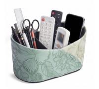 Czzmy Two Leaves Shaped Leather Art Supply Organizer,Remote Control Holder,Multi-Functional Pencil Holder,3 Compartments Desktop Stationary Organizer(1-Green)