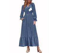 CzzzyL Women Nursing Boho Maxi Dress 2024 V Neck Swiss Dot Smocked High Waisted A-Line Ruffle Tiered Long Dress with Pockets, Blue, M