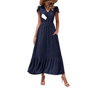 CzzzyL Women Nursing Boho Maxi Dresses Cap Short Sleeve V Neck Swiss Dot High Waisted A-Line Ruffle Tiered with Pockets, S-navy, M