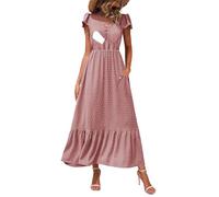 CzzzyL Women Nursing Boho Maxi Dresses Cap Short Sleeve V Neck Swiss Dot High Waisted A-Line Ruffle Tiered with Pockets, S-pink, M