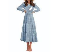 CzzzyL Women's Nursing Dress Flounces Long Sleeve Crew Neck Smocked Bodice Ruched Elastic Waist Tiered Midi with Pockets, Floralblue, M