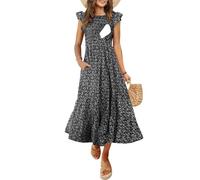 CzzzyL Women's Nursing Dress Flutter Short Sleeve Crew Neck Smocked Elastic Waist Tiered Midi with Pockets, Floralwhiteblack, M