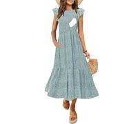 CzzzyL Women's Nursing Dress Flutter Short Sleeve Crew Neck Smocked Elastic Waist Tiered Midi with Pockets, Leopardcyan, M