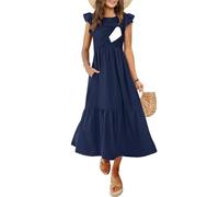 CzzzyL Women's Nursing Dress Flutter Short Sleeve Crew Neck Smocked Elastic Waist Tiered Midi with Pockets, Navy, XL