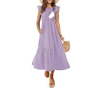 CzzzyL Women's Nursing Dress Flutter Short Sleeve Crew Neck Smocked Elastic Waist Tiered Midi with Pockets, Light Purple, M