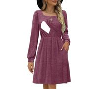 CzzzyL Womens Nursing Fall Dresses Square Neck Long Sleeve Winter Knit Sweater Dress 2024 with Pockets, Purple, L