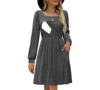 CzzzyL Womens Nursing Fall Dresses Square Neck Long Sleeve Winter Knit Sweater Dress 2024 with Pockets, BlackGrey, M