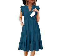 CzzzyL Womens Nursing Midi Dress Breastfeeding Summer Ruffle Sleeveless V Neck Tiered Beach Sundress with Pockets, Blue, M