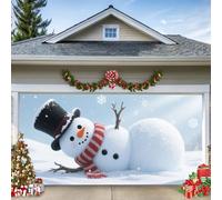 D,16*7ft/4.8*2.1m,Cute Snowman Christmas Garage Door Banner, Winter Wonderland Garage Door Cover, Large Outdoor Holiday Decoration for Home, Yard & Front Porch - Festive Xmas Snow Scene Backdrop