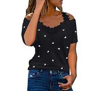 D-764 Black Casual Shirts for Women Summer Fall Short Sleeve Floral Cold Shoulder V Neck Heart Lover Graphic Loose Fit Long Tops Blouses Shirts Women 2024 Clothing BC S