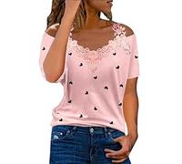 D-764 Pink Lounge Shirts for Women Fall Summer Short Sleeve Floral Cold Shoulder Vneck Love Graphic Loose Fit Long Top T Shirt Blouse Teen Girls 2024 Soft Comfy Clothing GJ M