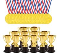 D.A.Y. Republic 24pc Trophy & Medal Awards Set | 12 Plastic Gold Trophies and 12 Winner Medals for Competitions, Sports, Parties, Sports Day, School Achievement (12 Trophies & 12 Medals)
