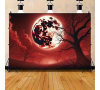 D banner with a bright red moon background hanging in the night sky