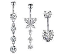 D.Bella Belly Rings for Women Belly Button Piercing Clicker Belly Button Ring Belly Button Rings Dangling 14G Surgical Steel CZ Butterfly Dangle Belly Piercing Jewelry Silver Rose Gold, Metal