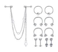 D.Bella Tragus Earrings 11Pcs Stainless Steel Helix Cartilage Earrings Horseshoe Barbell CBR Double Piercings Earring Stud Chain Piercing Jewelry Set