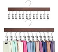 D-buy 2 Pack Leggings Organizer for Closet Hanging, Wooden Pant Hangers Leggings with 24 Rubber Coated Clip, 360° Roatable Hook, Closet Organizers for Clothes Scarfs Skirts Shorts Trouser Jeans