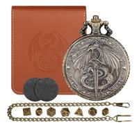D&D Dragon with Sword with Pocket Watch Case, Mini Dice Set, 7pcs Polyhedral Metal Dice, Fantasy Dragon Gripping Sword, DND Starter Set, DND Gifts with Leather Bag, RPG Accessroies, Dragon Gift