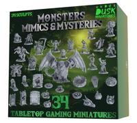 D&D Miniatures with DND Mimic Miniature, Monster Set and Chimera Boss, 28mm | Includes 7 dungeon terrain pieces and digital 5e stat blocks, 16 monsters in durable gray 28mm PVC for tabletop play