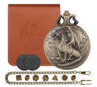 D&D Red Dragon Mini Dice Set with Steampunk Bronze Wyvern Pocket Watch Shell Case, 7pcs Polyhedral Metal DND Dice, Gift with Leather Bag, RPG Tabletop Games Accessories, DND Starter Set