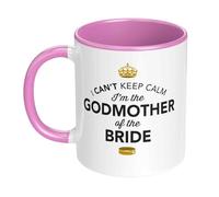 D Design Invent Print! I Can't Keep Calm I'm The Godmother of The Bride Gift Coffee Mug, 11oz, White with Pink Handle, Wedding Gift Present & Keepsake