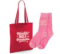 D Design Invent Print! World's No.1 Grandmother Gift Set, Cotton Tote Bag with Matching Socks, Perfect Birthday or Xmas Present, Keepsake for Grandmother (Red Bag + Socks)
