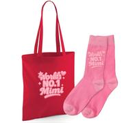 D Design Invent Print! World's No.1 Mimi Gift Set, Cotton Tote Bag with Matching Socks, Perfect Birthday or Xmas Present, Keepsake for Mimi (Red Bag + Socks)