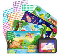 D-FantiX Dot Art Activity Sticker Books with Ink Pad, Airplane Travel Activities for Boys & Girls, Mess-Free Finger Painting for Kids Ages 3 4 5 6 7 8, Dinosaur, Animal, Outer Space, Vehicle