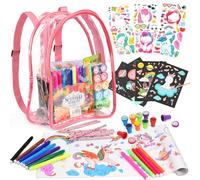 D-FantiX Unicorn Art Supplies Clear Backpack for Kids, 51Pcs DIY Colouring Craft Kits with Scratch Art Paper and Stickers, Road Trip Activities for Girls, Creative Birthday Gift for Toddler