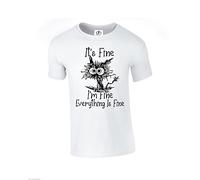 D&H CLOTHING UK It's Fine Everything is Fine T-Shirt Funny Cat Cartoon Meme Tshirt White