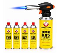 D.I.L Butane Gas Blow Torch, Stainless Steel, Auto Ignition, Adjustable Flame, 1300°C, for BBQ, Cooking, Soldering, Camping & DIY (Blow Torch + 4 Gas)