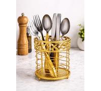 D.I.L Gold Metal Utensil Holder Round Kitchen Cutlery Organizer 12cm Diameter 15cm Height Decorative Storage Rack Mesh Drainage Base Countertop Utensil Caddy Durable Rust Resistant Design