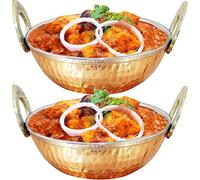 D.I.L Set of 2 Indian Copper Karahi Vegetable Dinner Bowl with Solid Brass Handle for Indian Food Serving Bowls for Cereal, Soup, Cooked Food Party Serve Ware, Serving Dishes Copper450mlcurry
