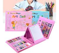 D.I.L Super Mega Art Set 208 Pieces Kids Drawing & Painting Kit with Colouring Pencils, Markers, Oil Pastels & Crayons in Portable Red/Blue Case - Creative Art Supplies Gift Set for Children (Pink)
