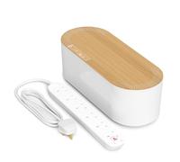 D-Line Cable Tidy Box with 6 Socket 2m Extension Lead 13amp Surge Protected, Cable Management Solution, TV Wire Tidy, Desk Cable Organiser - Large, White with Wood-Effect Lid