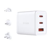 D-Link DCP-651 65W GaN Fast Charger - 2 x USB-C & 1 x USB-A Compact Travel Adapter with Interchangeable Plugs (UK/EU/US/AU) - PD 3.0 & QC 4.0, Multi-Device Charging Block