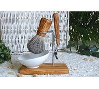 D.O.M. Classic Plus Shaving Brush Set / Razor Holder 4-Piece Olive Wood with Oval Porcelain Bowl 10 cm M3