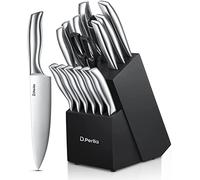D.Perlla Knife Set, 16 Pieces High Grade Stainless Steel Kitchen Knives Set with Wooden Block, Sharp and No Rust Kitchen Knife Set with Knives, Steak Knives, Scissors, Sharpener