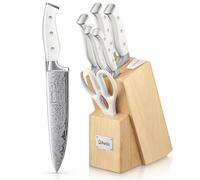 D.Perlla Knife Set, 7 Pieces Kitchen Knife Set with Self Sharpening Wooden Block, German Stainless Steel Knife Block Set with Triple Riveted Ergonomic Handle, White
