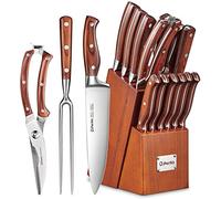 D.Perlla Wooden Handle Knife Set 16 Piece, German Steel Kitchen Knives with Block, Ergonomic Chef Knife Set with Meat Scissors, Carving Fork, Perfect Housewarming Gift