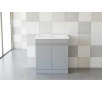 D Pro T Bathrooms 800mm Vanity Unit High Gloss Light Grey Handleless Floor Standing Bathroom Cabinet With Soft Close Storage & Ceramic Basin
