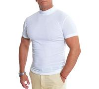 D&R Fashion Men's Ivory White Slim Fit Stretchy Lightweight Short Sleeve T-Shirt Ribbed Pattern Turtleneck Mock Tee Shirt Top Under Blazer UK Size L