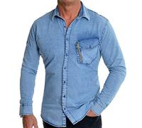 D&R Fashion Men's Light Blue Denim Jean Shirt Regular Collar Gold Zipper Front Pocket Slim Fit M