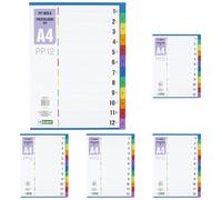 D.RECT A4 Index Dividers 1-12 - PP Dividers with Colour Indexes - Multicoloured - Universal Punching for All Folders - Document & Document Tabs (Pack of 5)
