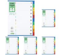 D.RECT Dividers for A4, PP10, 10 dividers, Ring Binder Index, tabs with Number Print 1-10, Multicoloured, Colour Divider Made of Polypropylene, Polypropylene (Pack of 5)