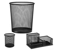 D.RECT Office Set 3030, Wire Mesh Waste Paper Bin, Metal Pen Holder, Round Wire Metal Pen Holder, Desk Organiser, Pen Holder Desk, Office Tray, Black