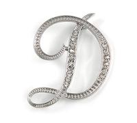 'D' Rhodium Plated Clear Crystal Letter D Alphabet Initial Brooch Personalised Jewellery Gift - 45mm Tall