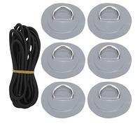 D Ring Patch Elastic Rope Set Stainless Steel PVC D Ring Pad Bungee Cord Set High Strength UV Resistant for Inflatable Boats Kayaks Canoes Boards 6 Patches with 5m Black Bungee (Grey)