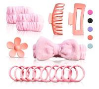 D&S Global 16pcs Spa Headband & Wristband Set for Face Washing & Skincare - Fluffy Makeup Washband, Bow Headbands & Flower Hair Claw - Soft Absorbent Spa Accessories for Women
