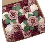D-Seven 25pcs Artificial Flower Cream & Dusty Rose & Burgundy Rose with Stem for DIY Wedding Bouquets Arch Floral Arrangements Wedding Flower Backdrop