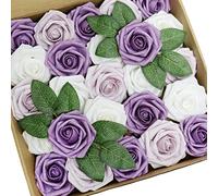 D-Seven 25pcs Artificial Flower White & Lavender Mist & Pale Lilac Roses with Stem for DIY Wedding Bouquets Floral Arrangements Wedding Flower Backdrop Bridal Shower Baby Shower Party Home Decor